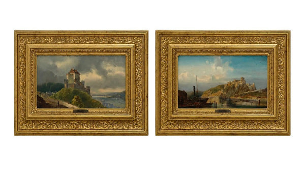 Late 19th Century Pair of European Castle Landscape Paintings by M. Day