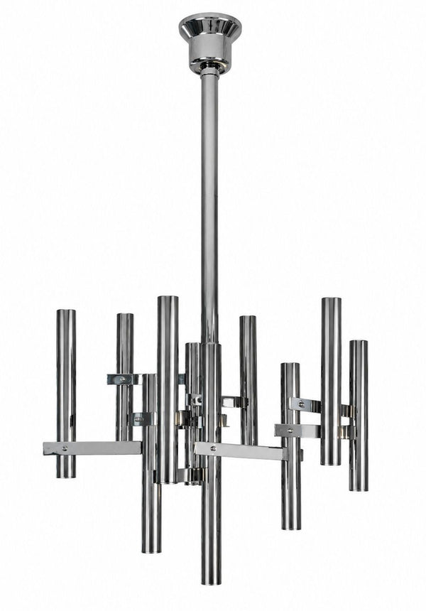 Gaetano Sciolari Chrome Tubular Chandelier. Italy, 1970's.