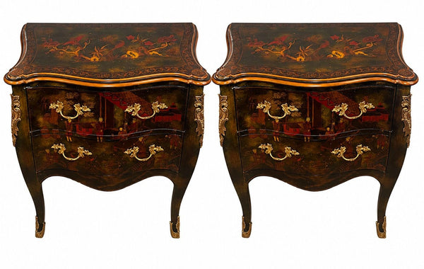 Pair of English Chinoiserie Two-Drawer Nightstands. 20th Century.