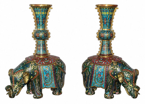 Pair of 19th Century Chinese Cloisonné Elephant Gu Vases