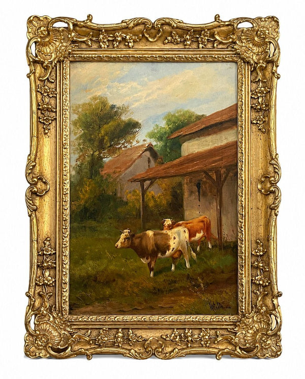 19th Century Italian Pastoral Cow Painting Signed by Vitolla