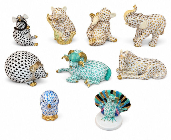 Set of Nine Herend Fishnet Porcelain Animal Figurines