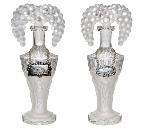 Pair of Hoffmann Art Deco Crystal Nude Figural and Grape Decanters, 1920's.