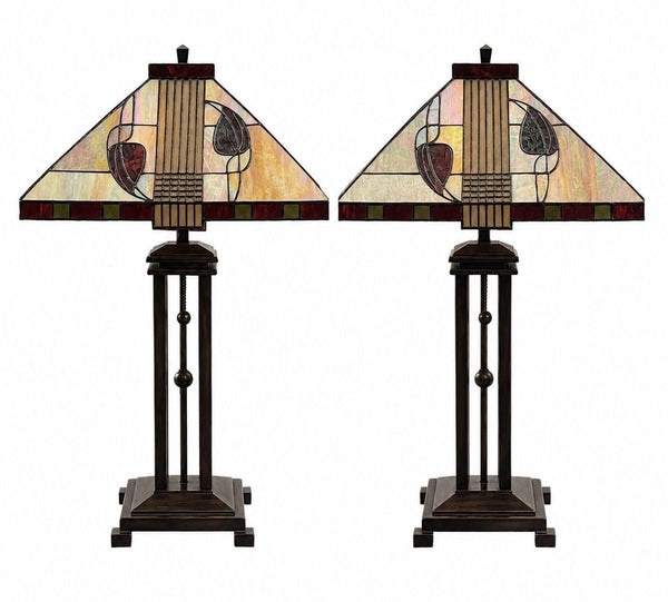 Pair Arts & Crafts Style Metal & Glass Table Lamps. U.S.A. Late 20th Century.