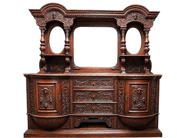American Victorian Oak Sideboard with Carved Details & Triple Mirror, c.1880