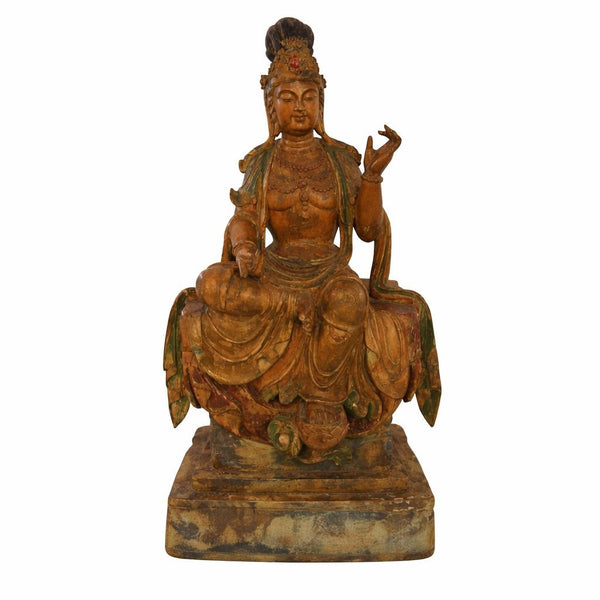 Large Chinese Hand-Carved Polychrome Wood Figure of Guanyin, Late 19th Century.
