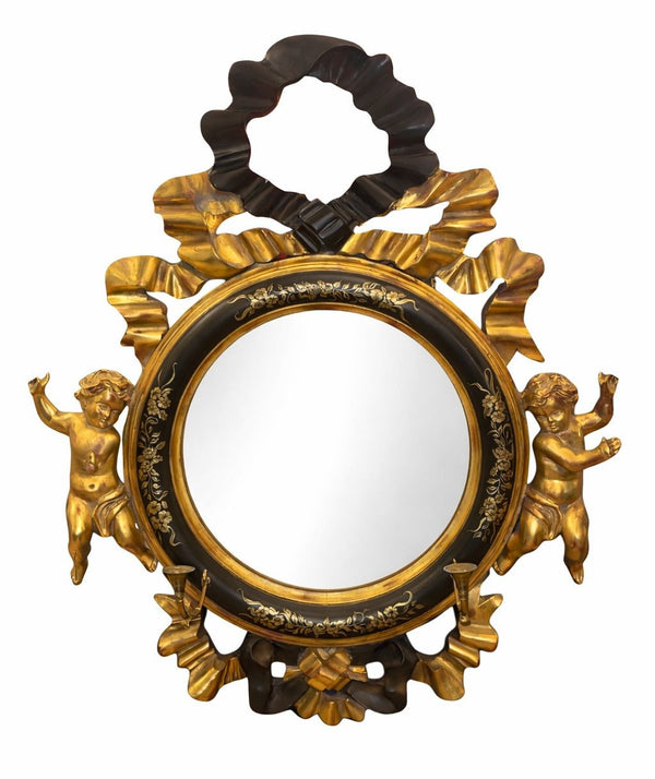 Italian 20th C. Rococo Style Ebonized & Giltwood Mirror w/ Putti & Candle Arms