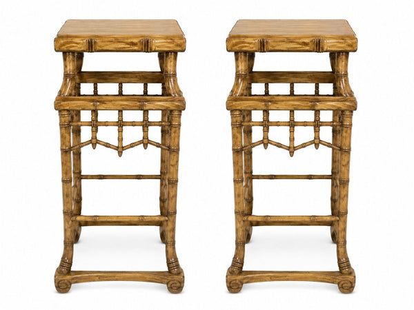 Pair of Early 20th Century Chinese Hand Carved Wood Pedestals Faux Bamboo Style