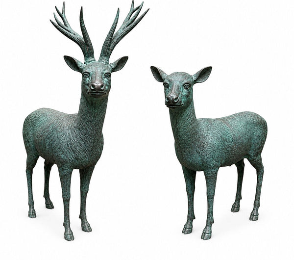 Pair of Monumental Bronze Stag and Doe Sculptures by Lake Geneva Studios