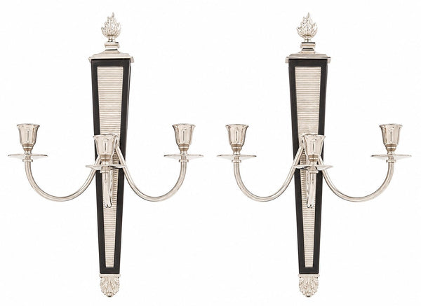 Pair of Mid-Century American Nickel & Wood Three-Light Sconces