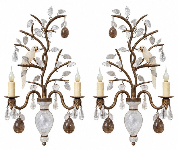 Pair French Baguès Style Rock Crystal, Smoky Quartz & Parrot Sconces, 1980's.