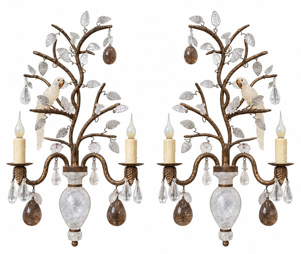 Pair French Baguès Style Rock Crystal, Smoky Quartz & Parrot Sconces, 1980's.