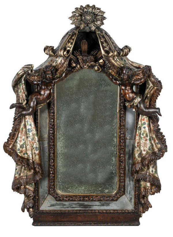 Late 18th Century Italian Venetian Hand Carved Wood Mirror w/ Putti & Drapery