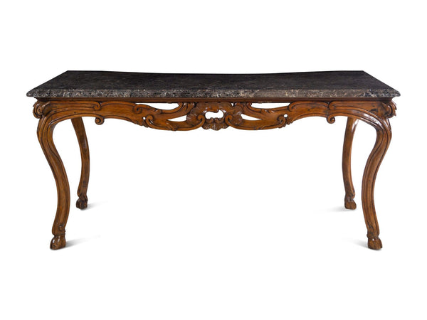 French Hand Carved Walnut & Marble Top Console