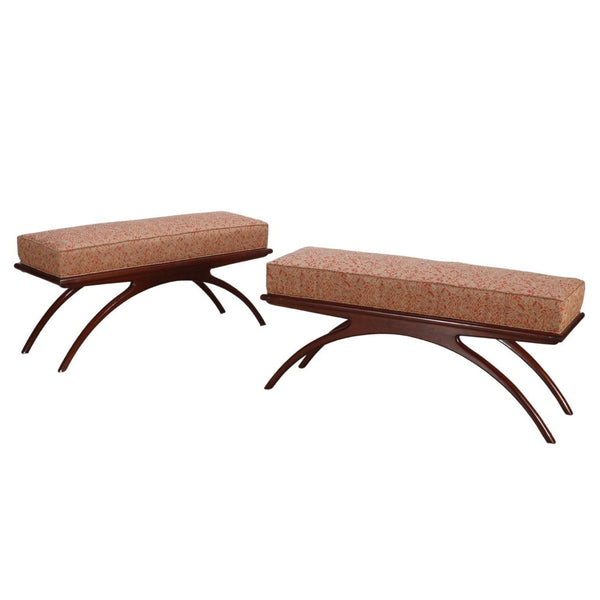 Pair of Arc Benches with Red Abstract Fabric Design