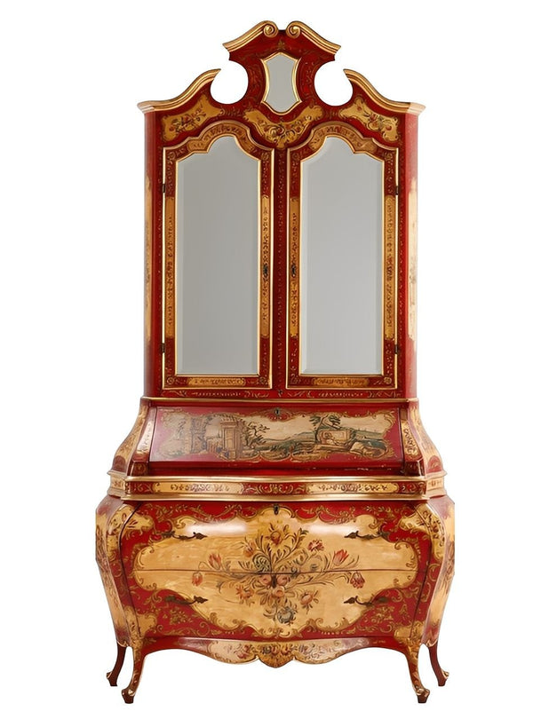 Italian Venetian Rococo-Style Painted Secretary Cabinet-Mirrored Doors, c. 1930s