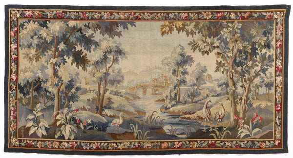 19th Century Flemish (Belgium) Pictorial Verdure Wool Tapestry Signed A.M.R.B.