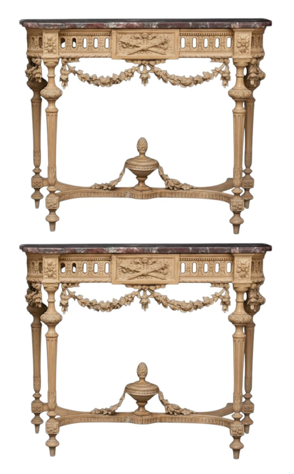 Pair of 19th Century French Louis XIV Style Console Tables with Marble Tops.