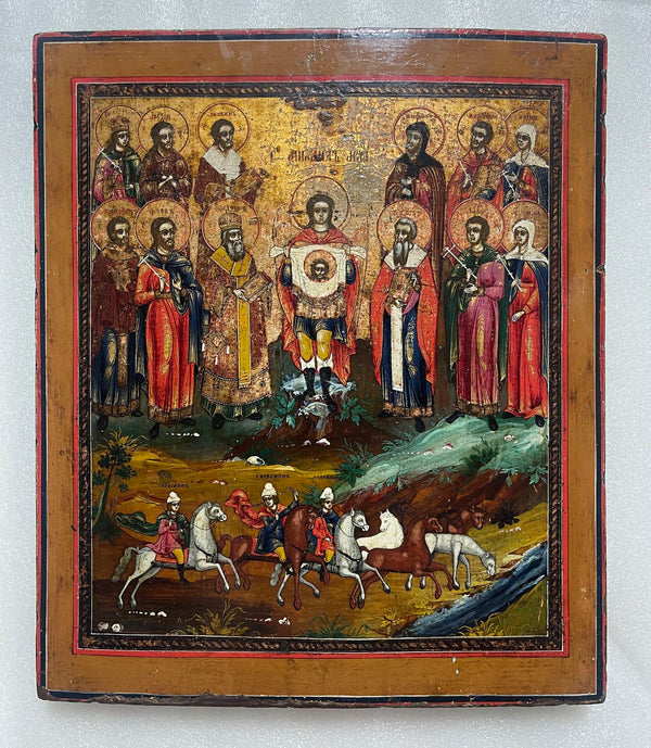 19th C. Icon St. Floros and Lauros with Archangel Michael Holding the Holy Face