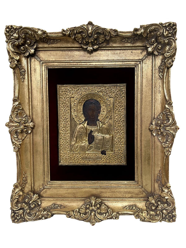 19th Century Russian Icon of Christ Pantocrator with Gold Metal and Gilt Frame