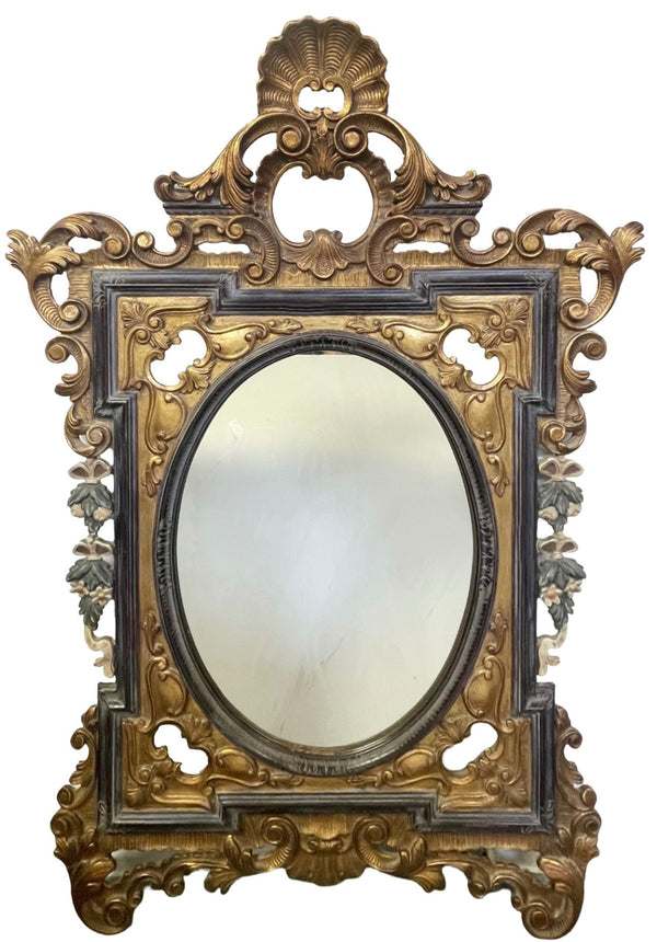 19th C. Carved Rococo-Style Black and Gold Mirror with Painted Hanging Garlands