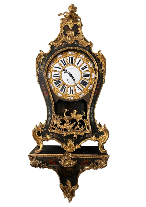 18th Century French Louis XV Lenoir à Paris Floral Cartel Clock & Bracket