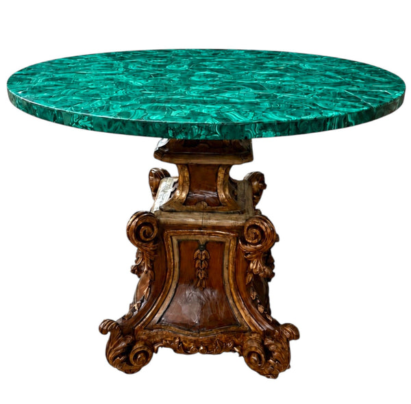 Late 19th Century Italian Carved Wood Base & Malachite Top Center Table