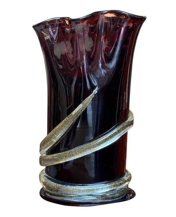 Signed Camozzo Murano Dark Amethyst Art Glass Vase with Gold Flecks.