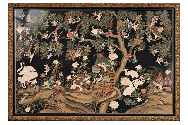 Oversized 19th C. Chinese Handpainted Hundred Birds Paying Homage to the Phoenix