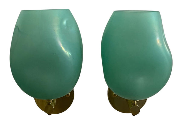 Pair of Turquoise “Soffio” Murano Glass Sconces on Brass Frames, Italy, 1980's.