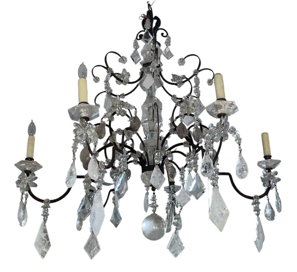 French 1950's Wrought Iron, Cut Glass and Rock Crystal Chandelier