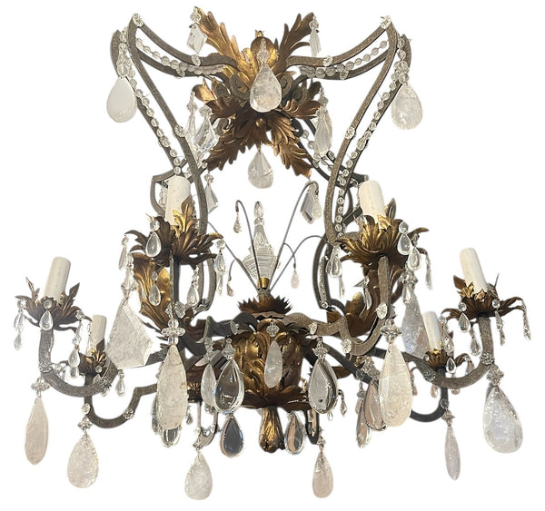 Impressive Early 20th Century French Wrought Iron and Rock Crystal Chandelier