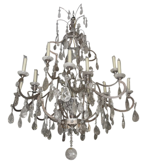 Large Vintage Italian Rock Crystal and Silver Leaf Chandelier, 20th Century.