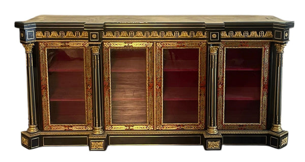 19th C. Napoleon III French Boulle Bronze Mounted Vitrine Cabinet w/ Glass Top
