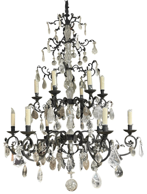 Hand-Carved Rock Crystal and Wrought Iron Chandelier. U.S.A. Late 20th Century.
