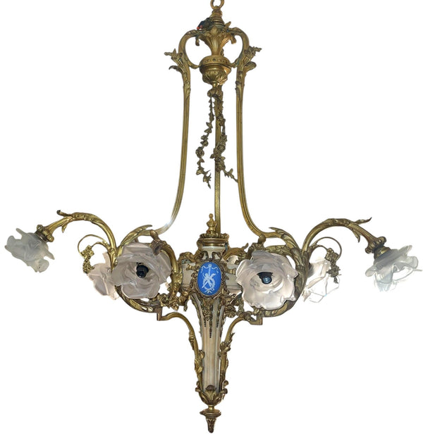 French 19th-C Bronze Chandelier with Marble Body, Wedgwood Plaque & Glass Shades