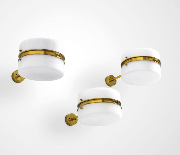 Set of Three Stilnovo Brass & Opaline Glass Wall Sconces, Italy, c. 1960's.