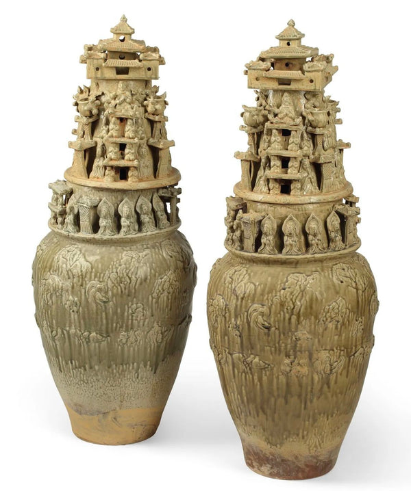 Pair of Chinese Earthenware Ceremonial Vases