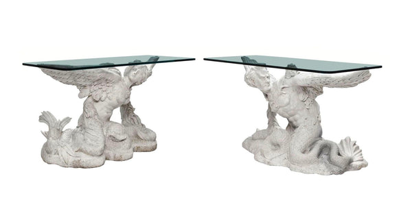 Pair of Italian 20th Century Winged Sirens Marble Consoles