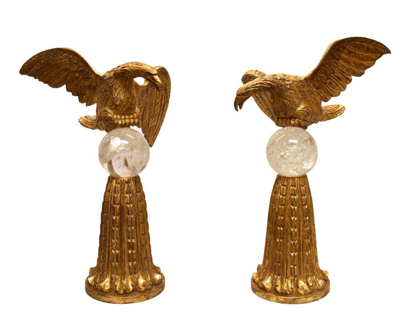 Pair of Hand-Carved Water Gilt & Rock Crystal Eagle Sculptures