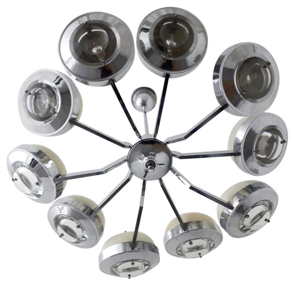 Chandelier with Glass Lens Diffusers and Enameled Metal Shades by Torlasco Italy