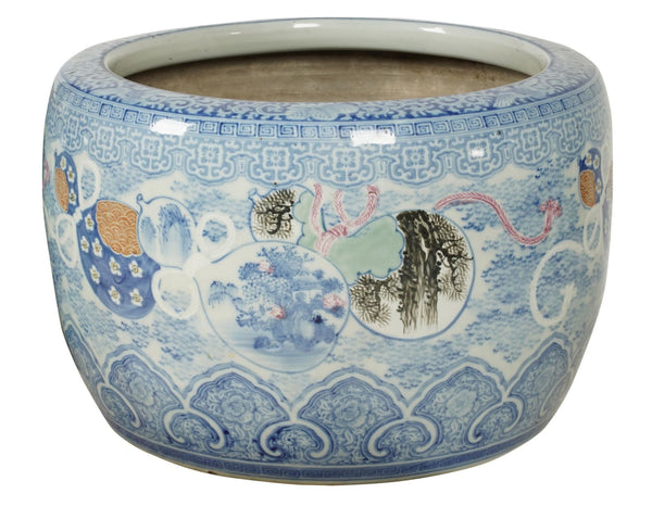 Japanese Blue & White Porcelain Hibachi / Fish Bowl Planter–Early 20th Century