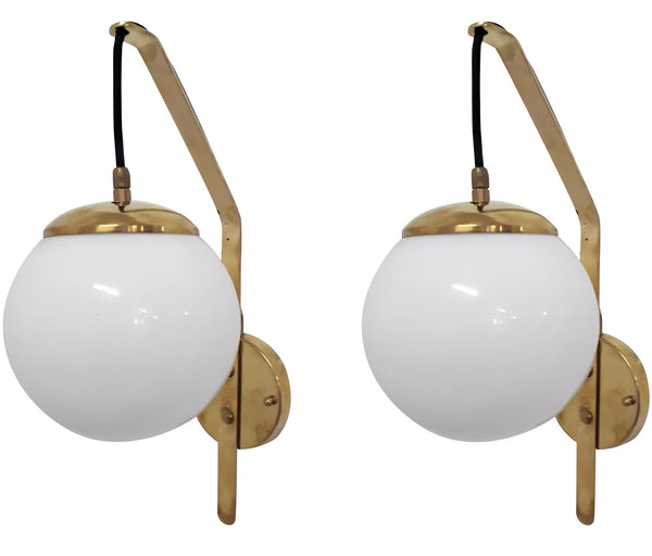 Pair of Midcentury White Murano Glass & Brass Sconces – Italy, Circa 1960's.