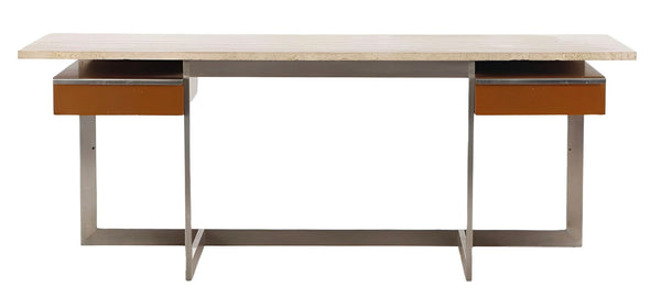 Large Executive Desk with Travertine Top and Steel Base. France, 1970's.
