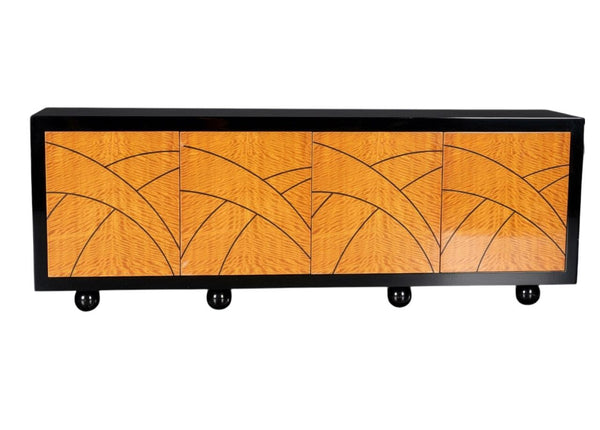 Pace Collection “Boca” Credenza with Birdseye Maple Doors & Black Lacquer Frame