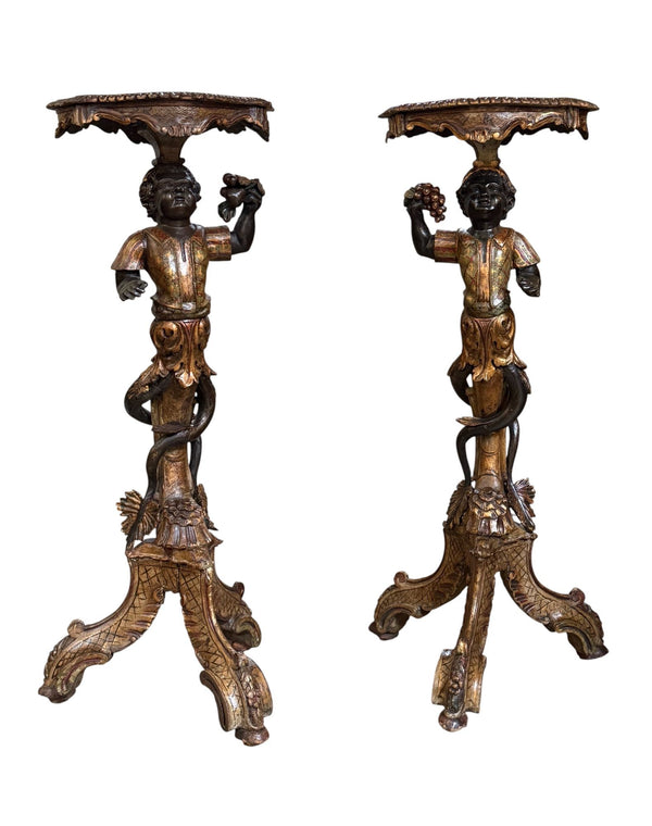 Pair of Mid-19th Century Italian Polychrome & Gilt Figural Pedestal Tables