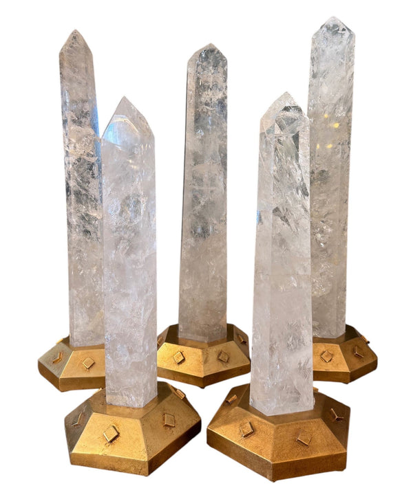 Set of Five Rock Crystal Obelisk Towers on Giltwood Bases. U.S.A. 20th Century.