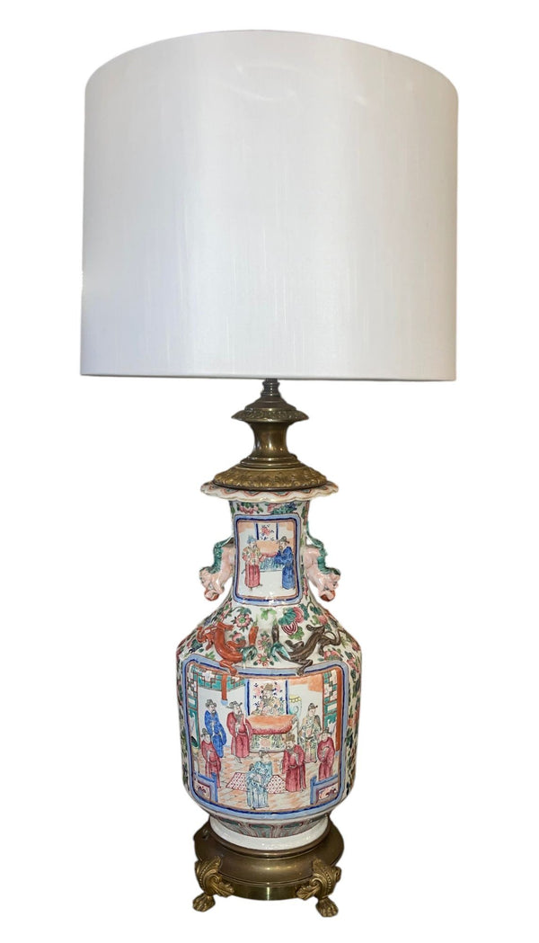 19th Century Chinese Famille Rose Porcelain & Bronze Table Lamp