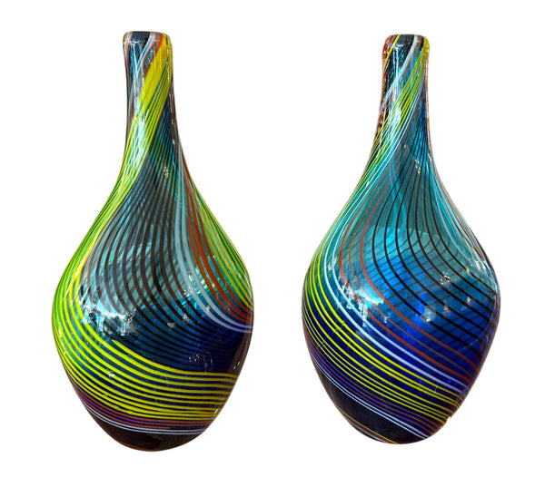 Pair of Fratelli Toso Murano Swirl Glass Long-Neck Vases, Mid-20th Century.