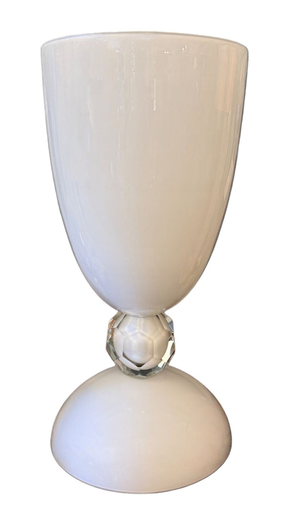 Large Murano White Glass Vase with Clear Faceted Knop, Italy, Circa 1970's.